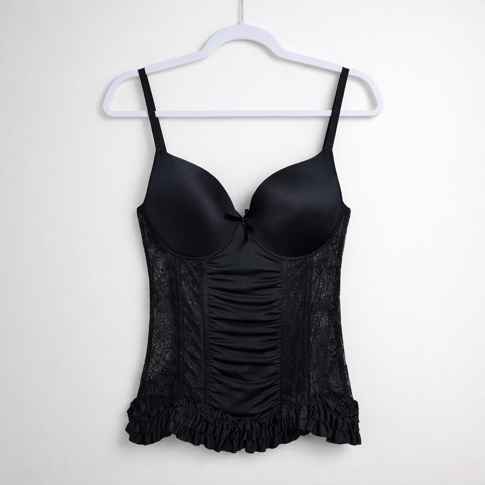 Black Lace Bustier Corset Top XL Ruffled Goth‎ Glam Dark Coquette Femme Y2K Club